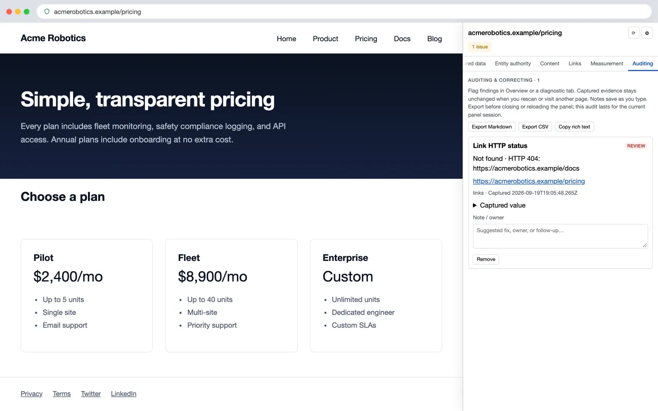 Auditing & Correcting — flag a finding, add a note, export to Markdown or CSV.