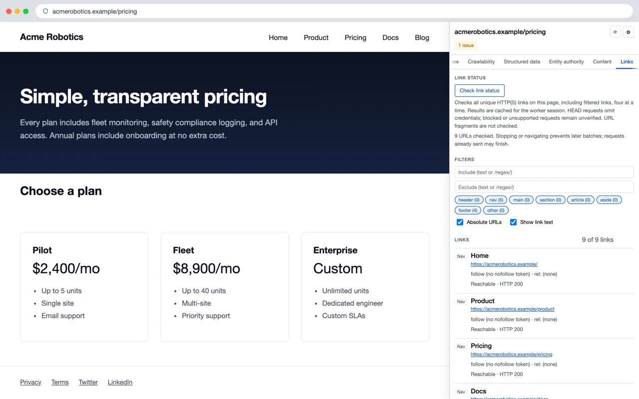 Links — a full link inventory with live status checks for redirects, 404s, and server errors.