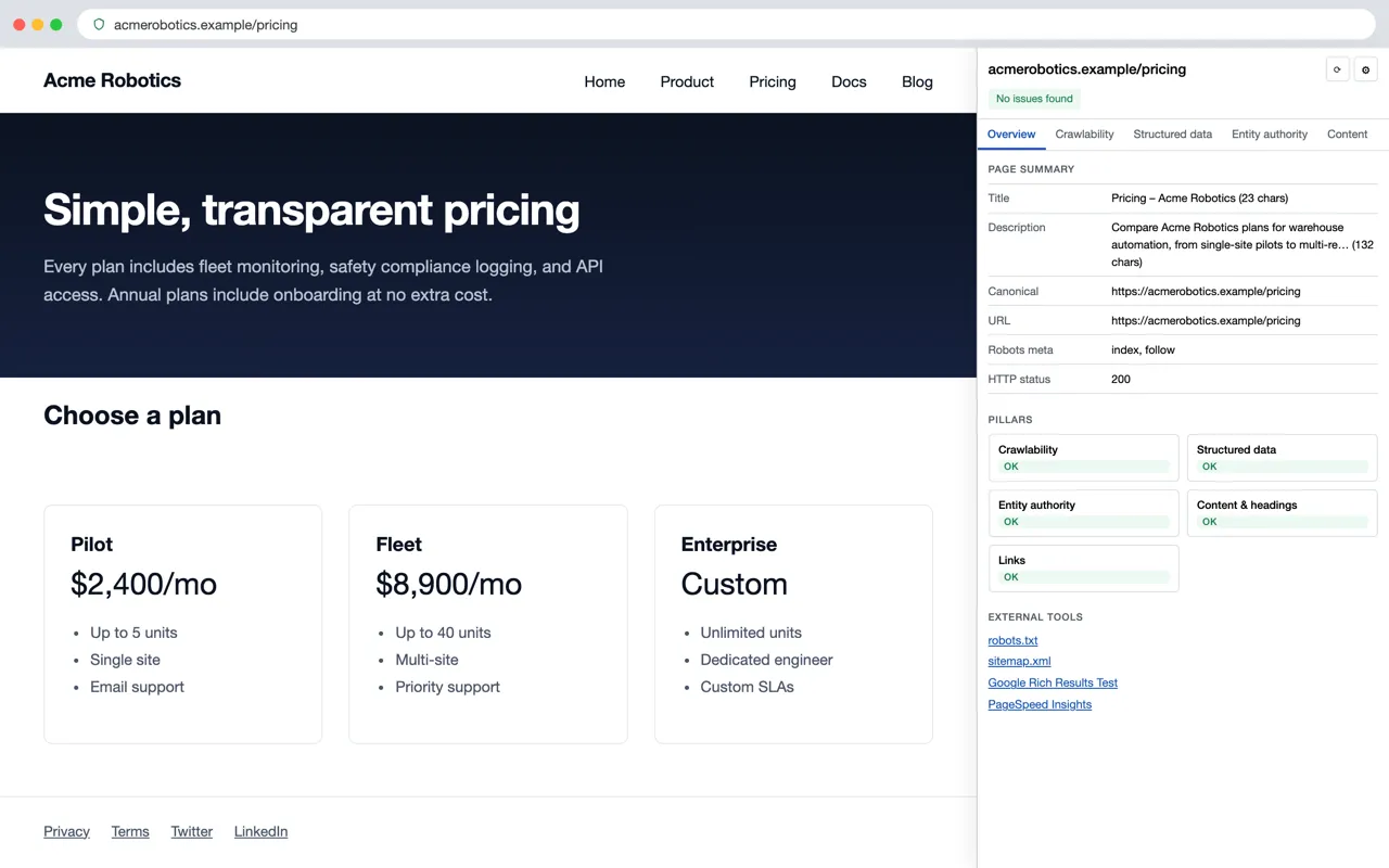Overview — page summary, diagnostic status, and external tool shortcuts.